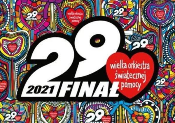 Kolorowy plakat promujący 29. Finał Wielkiej Orkiestry Świątecznej Pomocy, z dużą cyfrą 29, napisem 2021 Finał i motywem kolorowych serc.