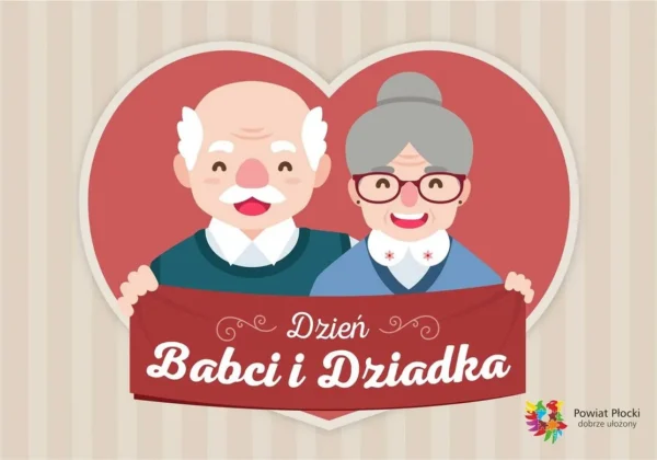 Ilustracja pary seniorów – babci i dziadka – uśmiechniętych, trzymających czerwony banner z napisem „Dzień Babci i Dziadka” na tle serca.