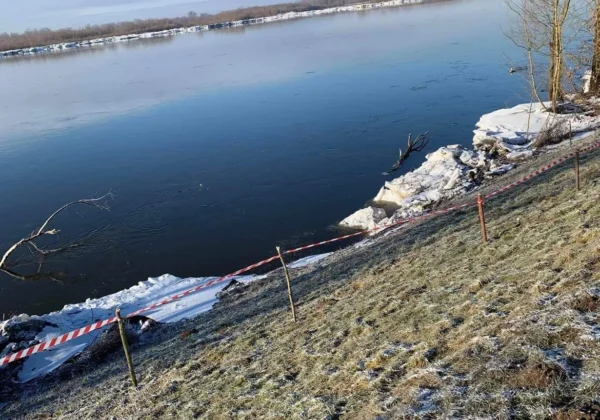 Widok na rzekę Wisłę w Kępie Polskiej, zimowy brzeg pokryty śniegiem i lodem, z taśmą czerwono-białą wyznaczającą teren prac remontowych.
