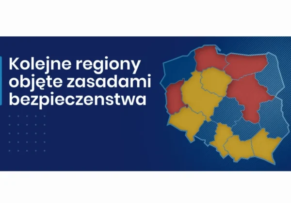 Baner informacyjny w odcieniach niebieskiego z napisem „Kolejne regiony objęte zasadami bezpieczeństwa” i kolorową mapą Polski ilustrującą obostrzenia COVID-19.