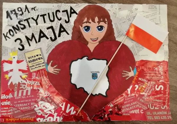 Kolażowy obraz przedstawiający uśmiechniętą dziewczynkę trzymającą duże czerwone serce z konturem Polski w środku, obok flaga Polski na patyczku i tło z wycinków gazet.