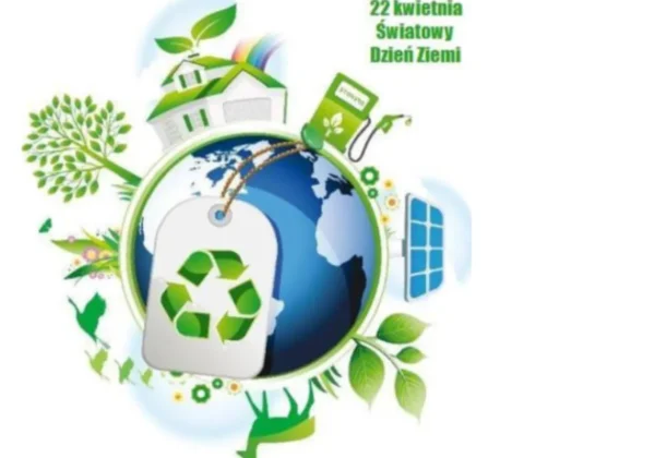 Planeta Ziemia otoczona zielonymi motywami ochrony środowiska, symbolami recyklingu i energii odnawialnej oraz napisem „22 kwietnia Światowy Dzień Ziemi”.