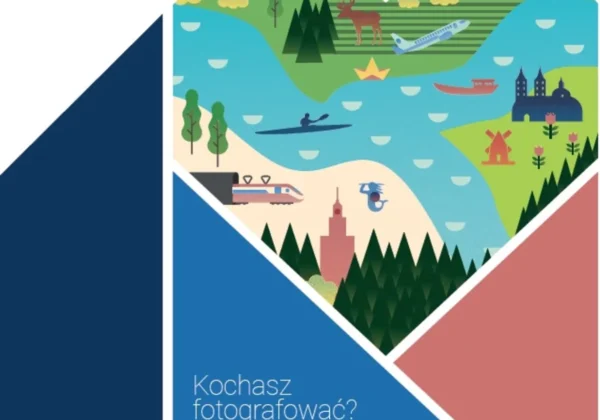 Kolorowy plakat promujący XVI edycję konkursu fotograficznego „Mazowsze bliskie sercu” z hasłem „Odpocznij na Mazowszu” i ilustracją krajobrazu Mazowsza.