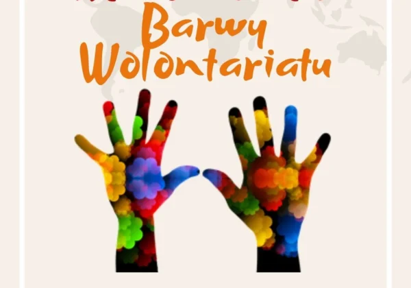 Plakat promujący XI edycję konkursu Mazowieckie Barwy Wolontariatu, z dwoma kolorowo pomalowanymi dłońmi uniesionymi do góry.