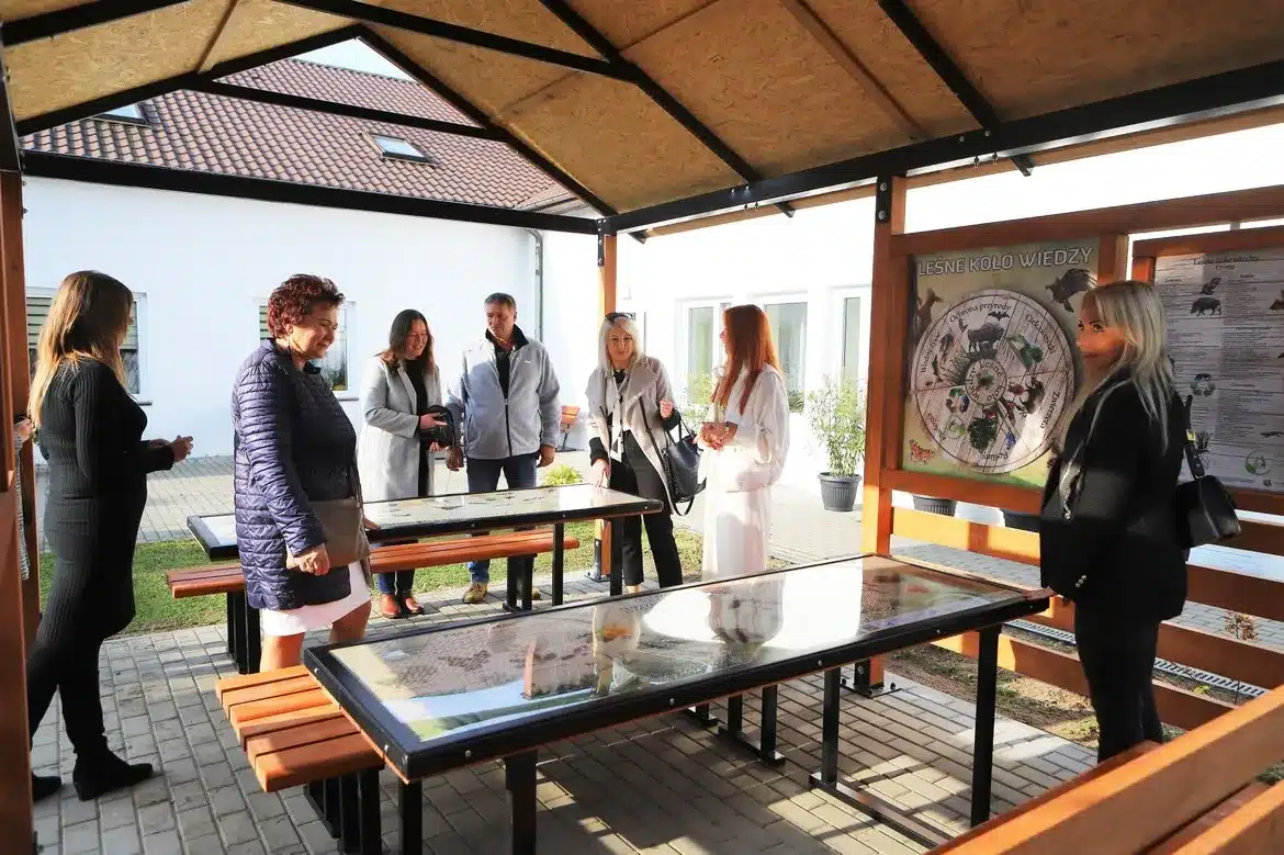 Na zdjęciu przedstawiono nowe wiaty ekologiczne w Domu Pomocy Społecznej w Koszelewie, gdzie grupka osób dyskutuje przy stolikach poświęconych tematyce przyrodniczej.