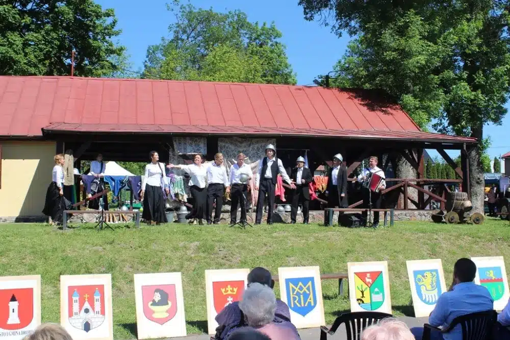Uczestnicy wydarzenia związani z obchodami 100-lecia Ochotniczych Straży Pożarnych w powiecie płockim występują na scenie przed widownią.