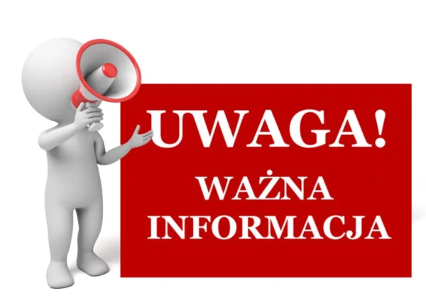 Postać 3D trzyma megafon i stoi obok czerwonego prostokąta z napisem „Uwaga! Ważna informacja”.