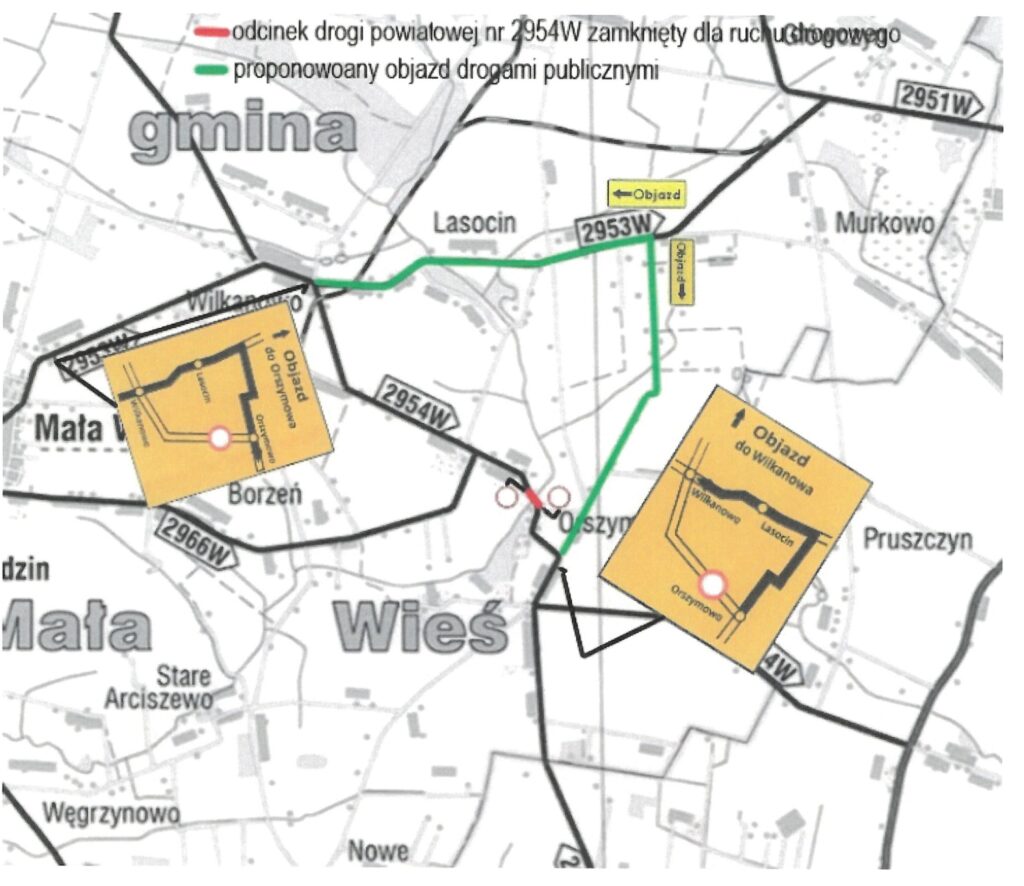 Mapa prezentująca utrudnienia