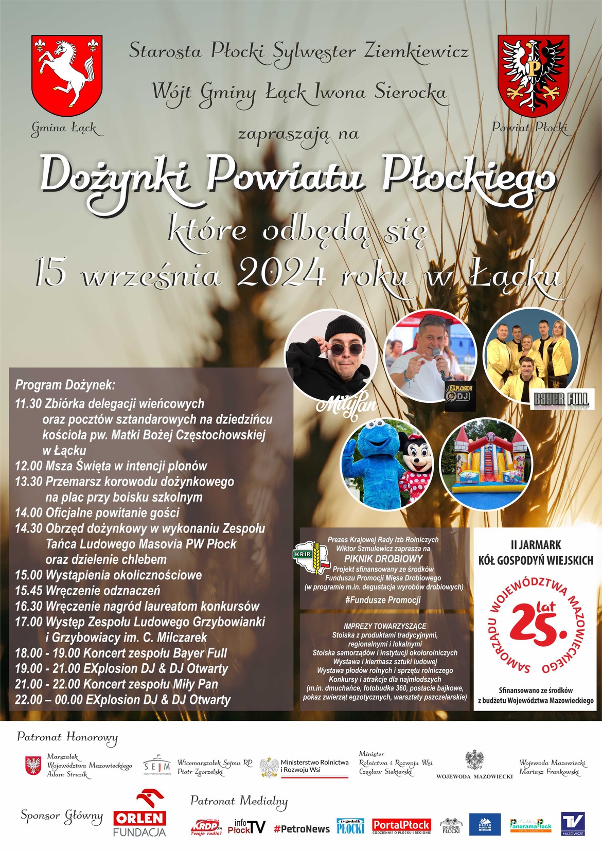 Plakat informacyjny odnośnie dożynek powiatowych w 2024 roku w Łącku