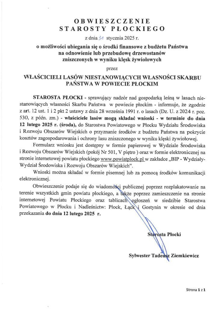 Treść obwieszczenia Starosty Płockiego