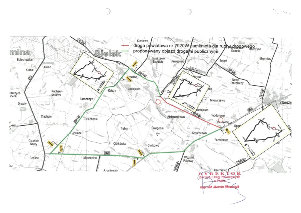 Mapka przedstawiająca zamkniętą drogę nr 2920W z proponowanymi objazdami