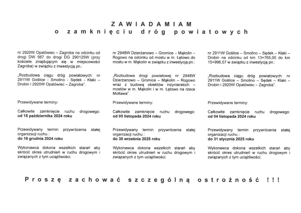 Zawiadomienie o zamknięciu dróg powiatowych