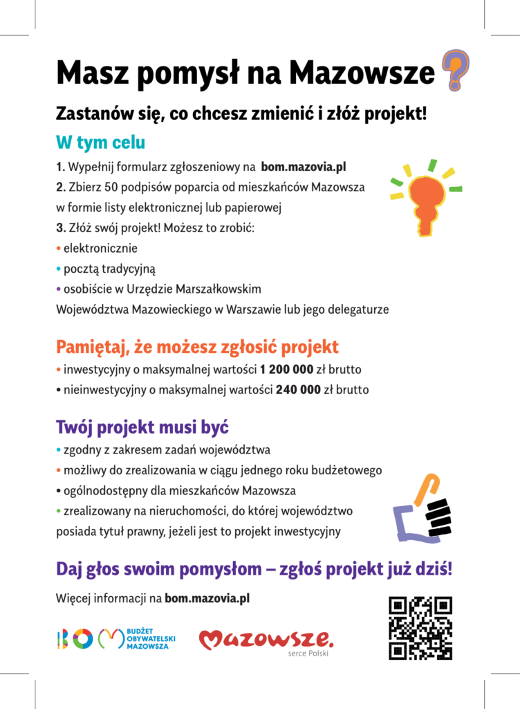 Masz pomysł na Mazowsze-plakat z informacjami odnośnie Budżetu Obywatelskiego Mazowsza