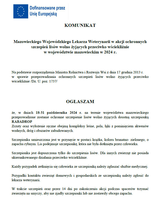 Komunikat Mazowieckiego Wojewódzkiego Lekarza Weterynarii