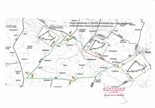 Mapka zamkniętej drogi z proponowanymi objazdami