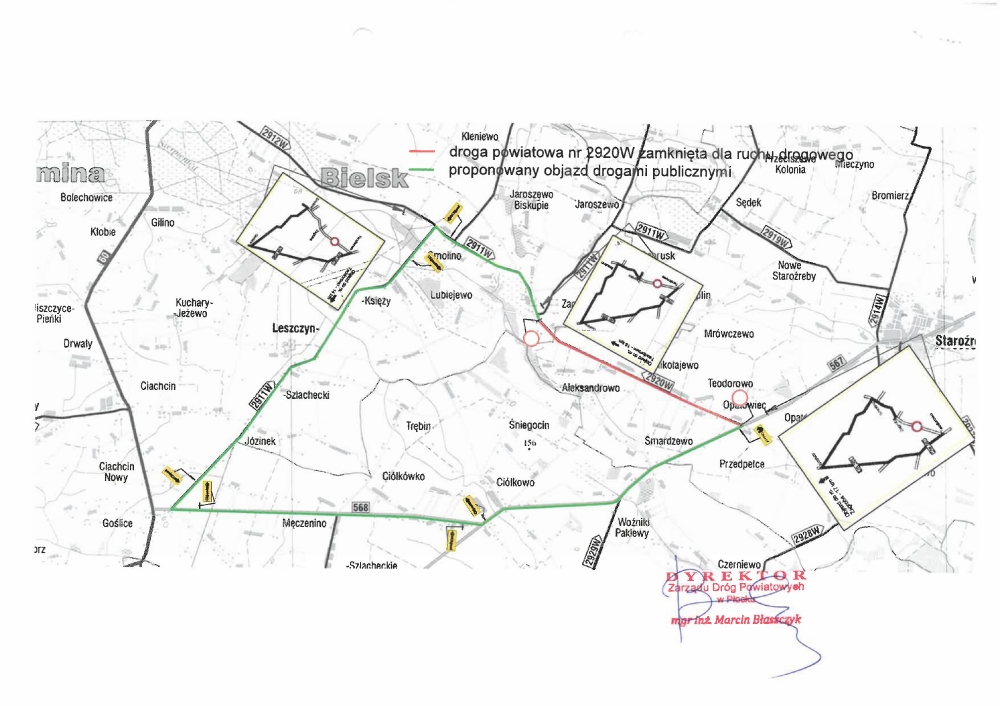Mapka z informacjami o zamknięciu drogi powiatowej nr 2920W z objazdami 
