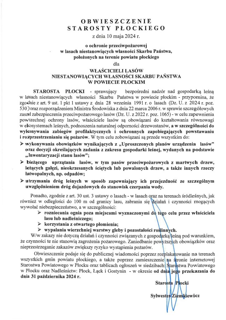 Treść obwieszczenia starosty płockiego