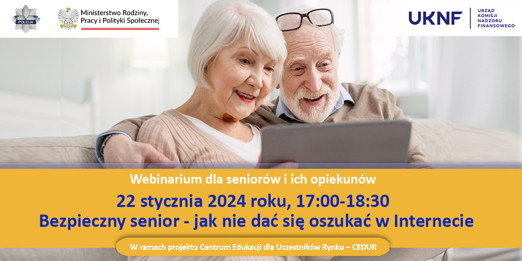 Grafika zapraszająca na Webinarium dla seniorów