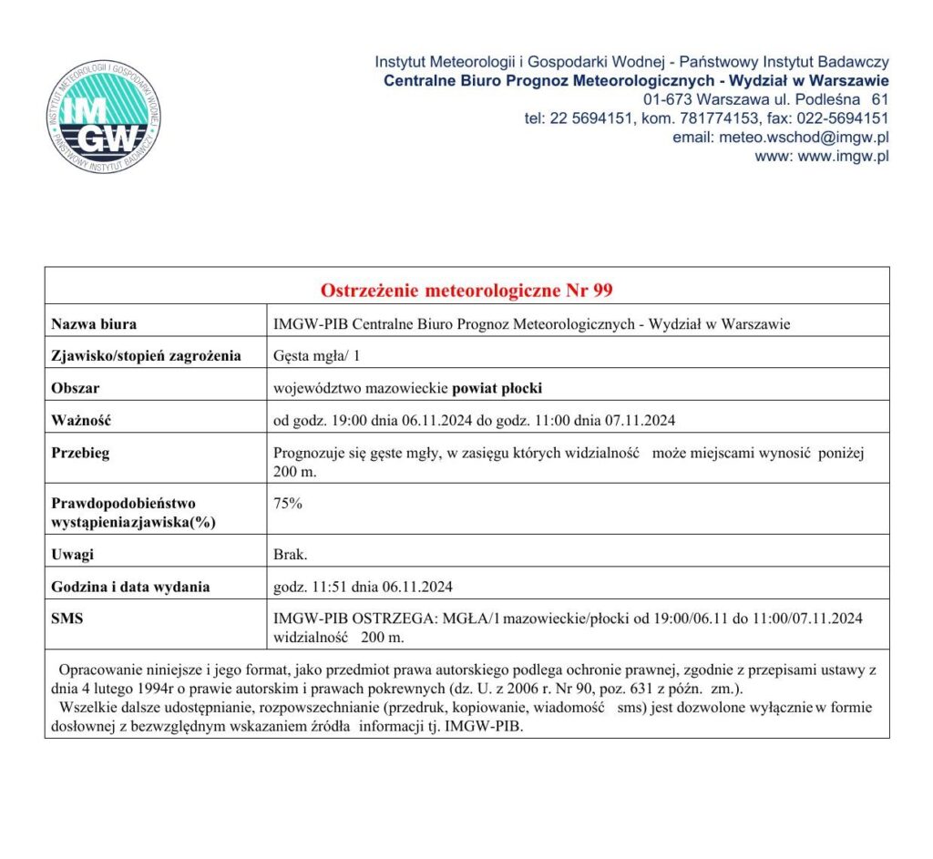 Treść ostrzeżenia meteorologicznego nr 98