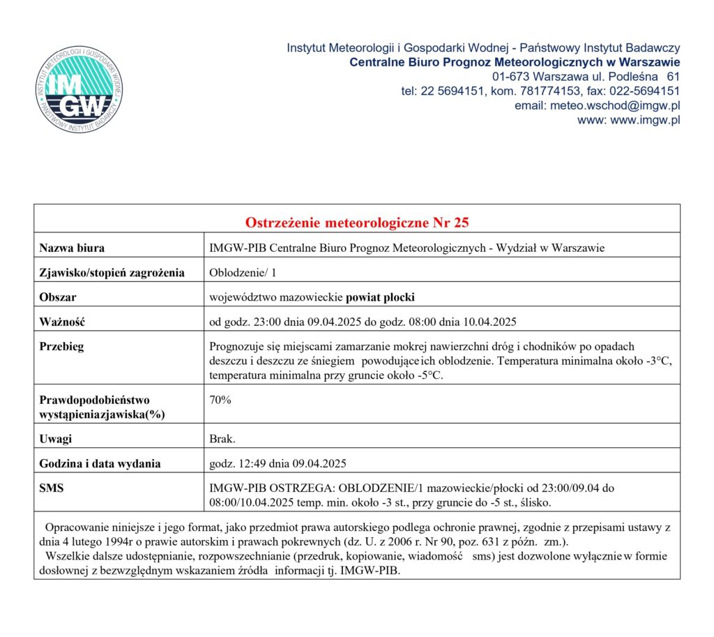 Treść ostrzeżenia meteorologicznego nr 25