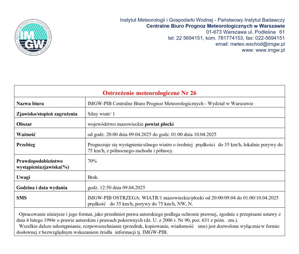 Treść ostrzeżenia meteorologicznego nr 26