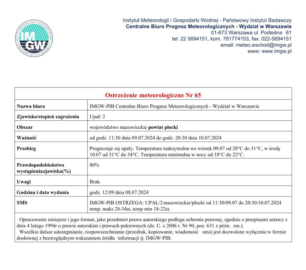 Treść ostrzeżenia meteorologicznego nr 65