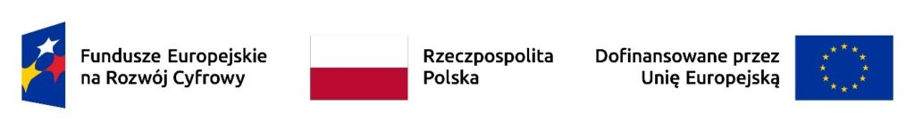 Logo Funduszy europejskich na rozwój cyfrowy, flaga Polski i UE