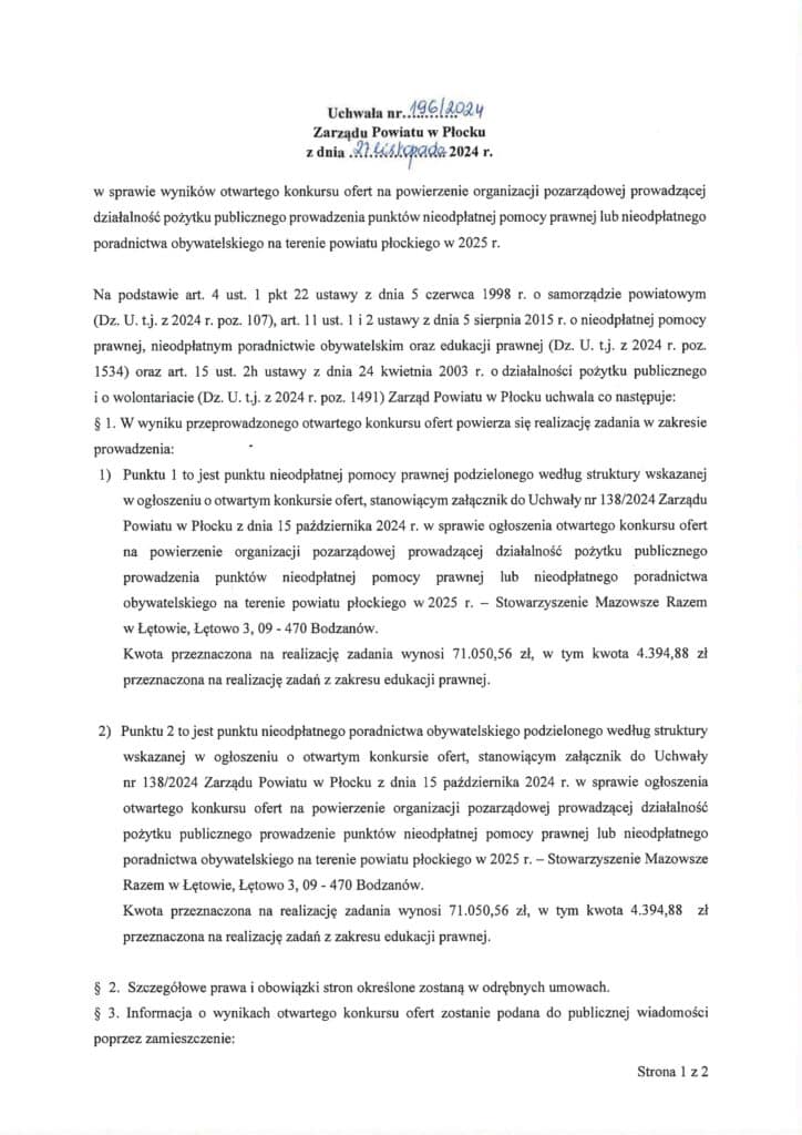 Zdjęcie przedstawia uchwałę Zarządu Powiatu w Płocku dotyczącą wyników otwartego konkursu ofert na powierzenie organizacji pozarządowej prowadzenia punktów nieodpłatnej pomocy prawnej i poradnictwa obywatelskiego w 2025 roku.