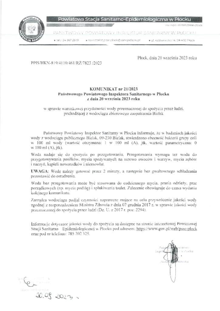 Dokument informujący o warunkach przydatności wody do spożycia w miejscowości Bielsk, wydany przez Powiatowego Inspektora Sanitarnego w Płocku.