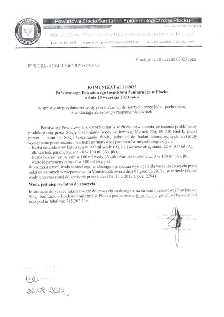 Dokument informujący o nieprzydatności do spożycia wody z wodociągu zbiorowego zaopatrzenia Józinek, wydany przez Państwowego Powiatowego Inspektora Sanitarnego w Płocku.