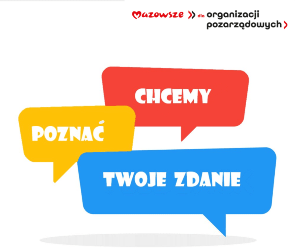 Grafika przedstawia kolorowe dymki z napisem „Chcemy poznać twoje zdanie” w kontekście konsultacji dotyczących współpracy Województwa Mazowieckiego z organizacjami pozarządowymi.