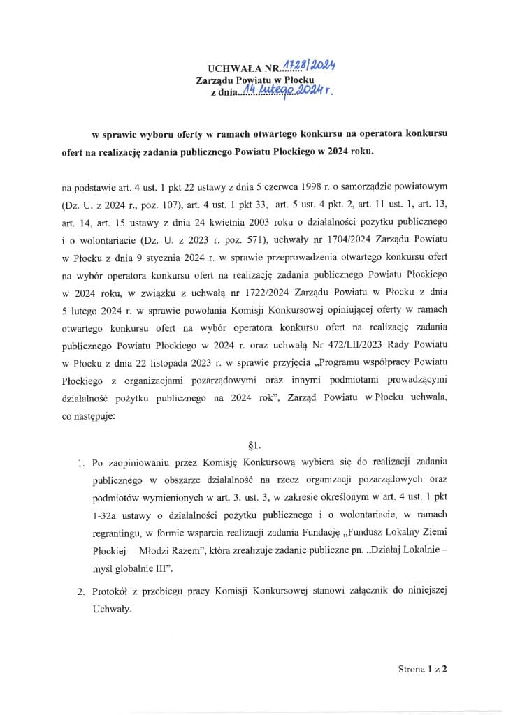 Uchwała Nr 1728/2024 Zarządu Powiatu w Płocku dotycząca wyboru oferty w otwartym konkursie na operatora konkursu ofert na realizację zadania publicznego w 2024 roku.