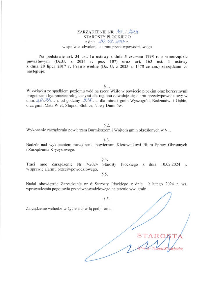 Dokument urzędowy dotyczący odwołania alarmu przeciwpowodziowego w powiecie płockim, podpisany przez Starostę.