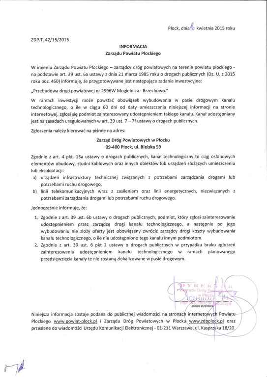 Zdjęcie przedstawia dokument informacyjny Zarządu Dróg Powiatowych w Płocku dotyczący inwestycji w przebudowę drogi powiatowej.