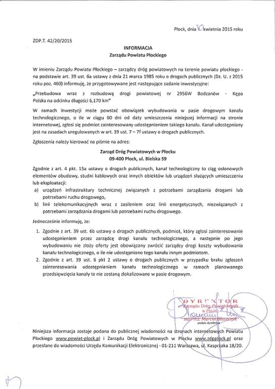 Dokument informacyjny Zarządu Powiatu Płockiego dotyczący przebudowy drogi powiatowej na odcinku Bądzynów - Kępa Polska.