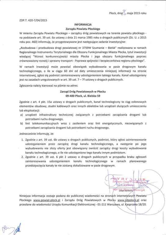 Dokument informacyjny z Urzędu Powiatu Płockiego dotyczący przygotowywania zadania inwestycyjnego związane z budową i przebudową drogi samorządowej w rejonie Szumanie - Bielsk.