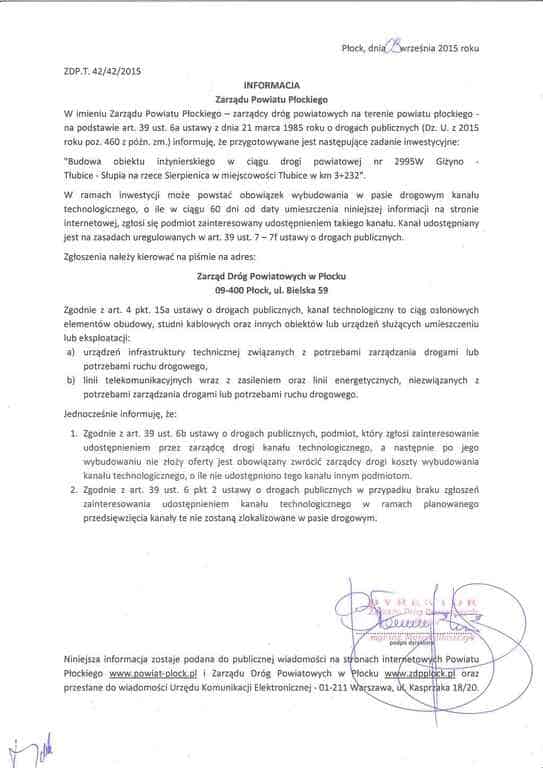 Dokument informacyjny Zarządu Powiatu Płockiego dotyczący inwestycji na drogach publicznych, zawierający szczegóły budowy obiektu w miejscowości Tlibice.