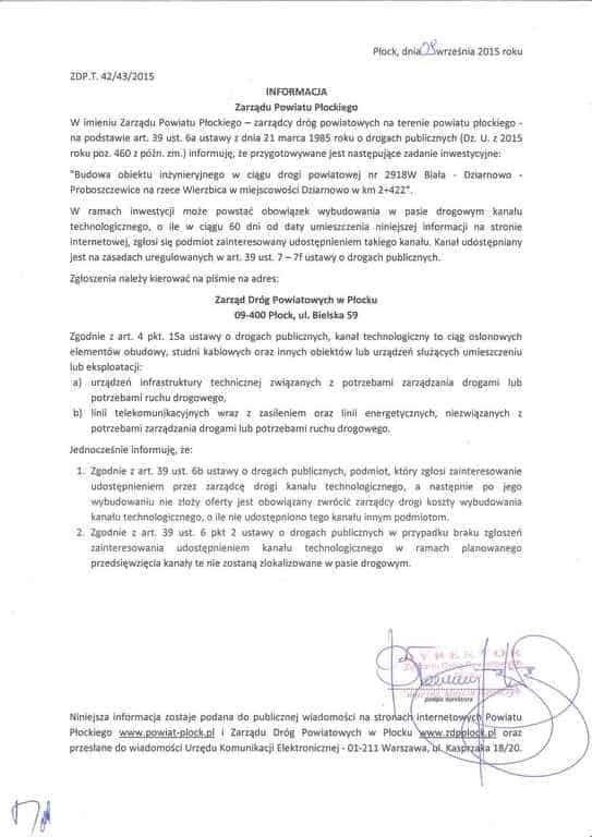 Dokument urzędowy dotyczący informacji Zarządu Powiatu Płockiego o planowanej inwestycji budowy obiektu inżynieryjnego w miejscowości Działynowo.