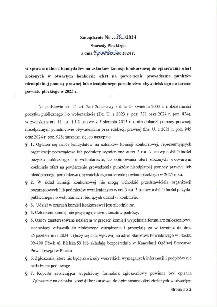 Zarządzenie Starosty Płockiego dotyczące naboru kandydatów na członków komisji konkursowej do opiniowania ofert w zakresie prowadzenia punktów nieodpłatnej pomocy prawnej w 2025 roku.