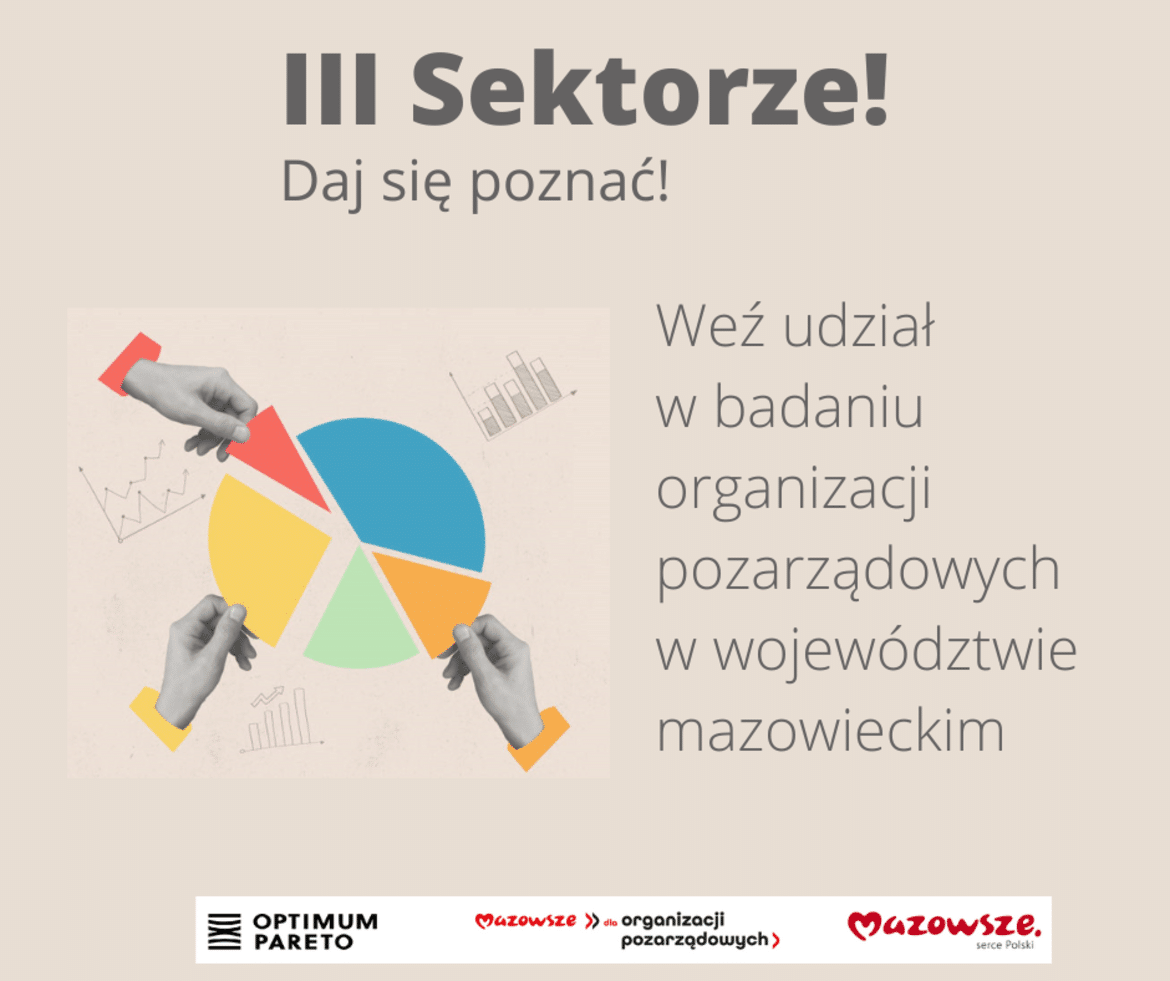 Grafika promująca badanie organizacji pozarządowych w województwie mazowieckim, przedstawiająca kolorowy diagram kołowy oraz ręce trzymające różne segmenty tego diagramu.