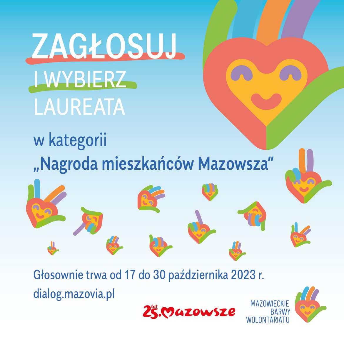 Plakat promujący głosowanie na laureata w kategorii „Nagroda mieszkańców Mazowsza” z datami od 17 do 30 października 2023 roku.