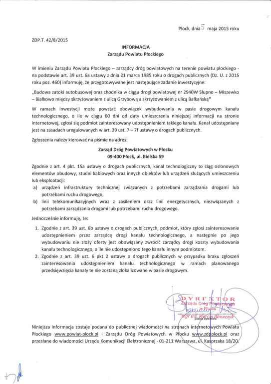 Dokument informacyjny Zarządu Powiatu Płockiego dotyczący budowy infrastruktury drogowej i technologicznej w regionie.