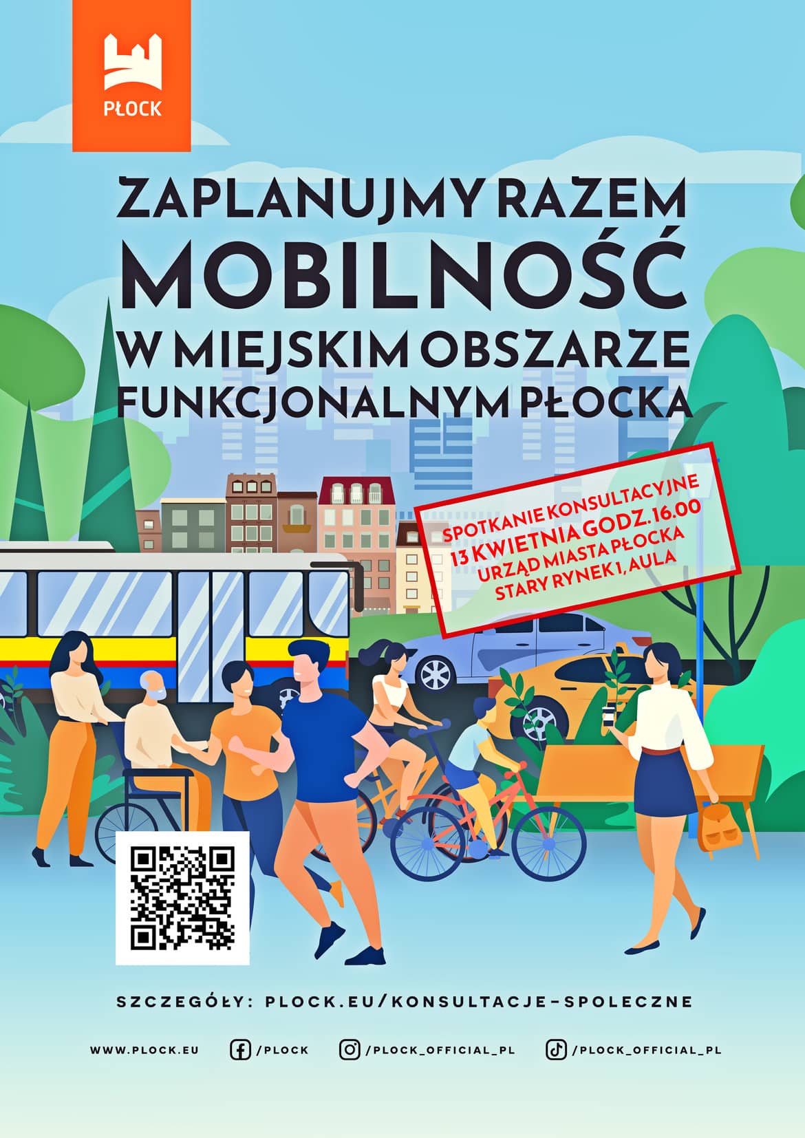 Plakat informujący o konsultacjach dotyczących mobilności w miejskim obszarze funkcjonalnym Płocka, z grafiką przedstawiającą różne środki transportu i mieszkańców w ruchu.