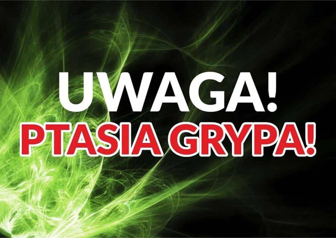 Plakat ostrzegający przed ptasią grypą, z dużym napisem "UWAGA! PTASIA GRYPA!" na tle czarno-zielonym.