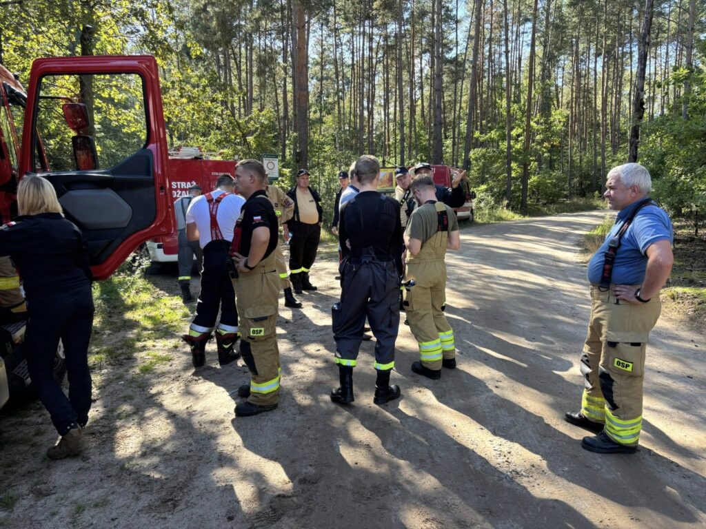 Grupa ratowników w mundurach omawia szczegóły po udanej akcji poszukiwawczej grzybiarza w lesie