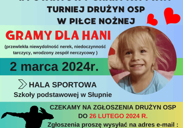 Plakat zapraszający na II Powiatowy Charytatywny Turniej drużyn OSP w piłce nożnej, który odbędzie się 2 marca 2024 roku, z informacjami o zgłoszeniach oraz charytatywnym celu turnieju.
