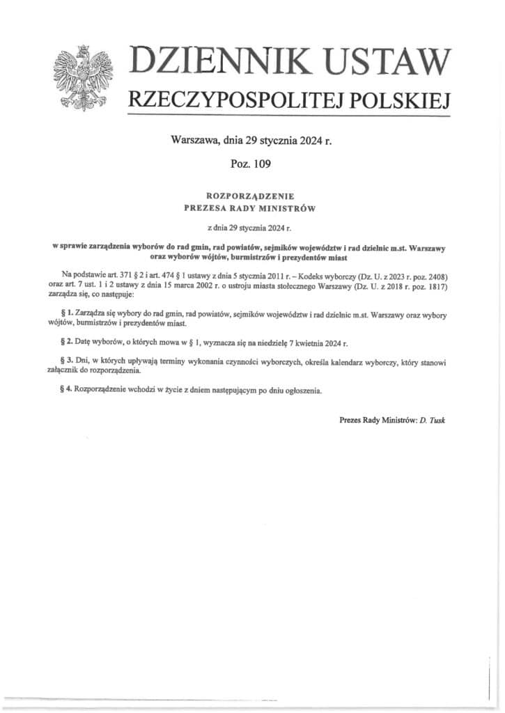 Dokument urzędowy z Dziennika Ustaw Rzeczypospolitej Polskiej, zawierający rozporządzenie w sprawie wyborów do rad gmin, powiatów oraz sejmików województw.