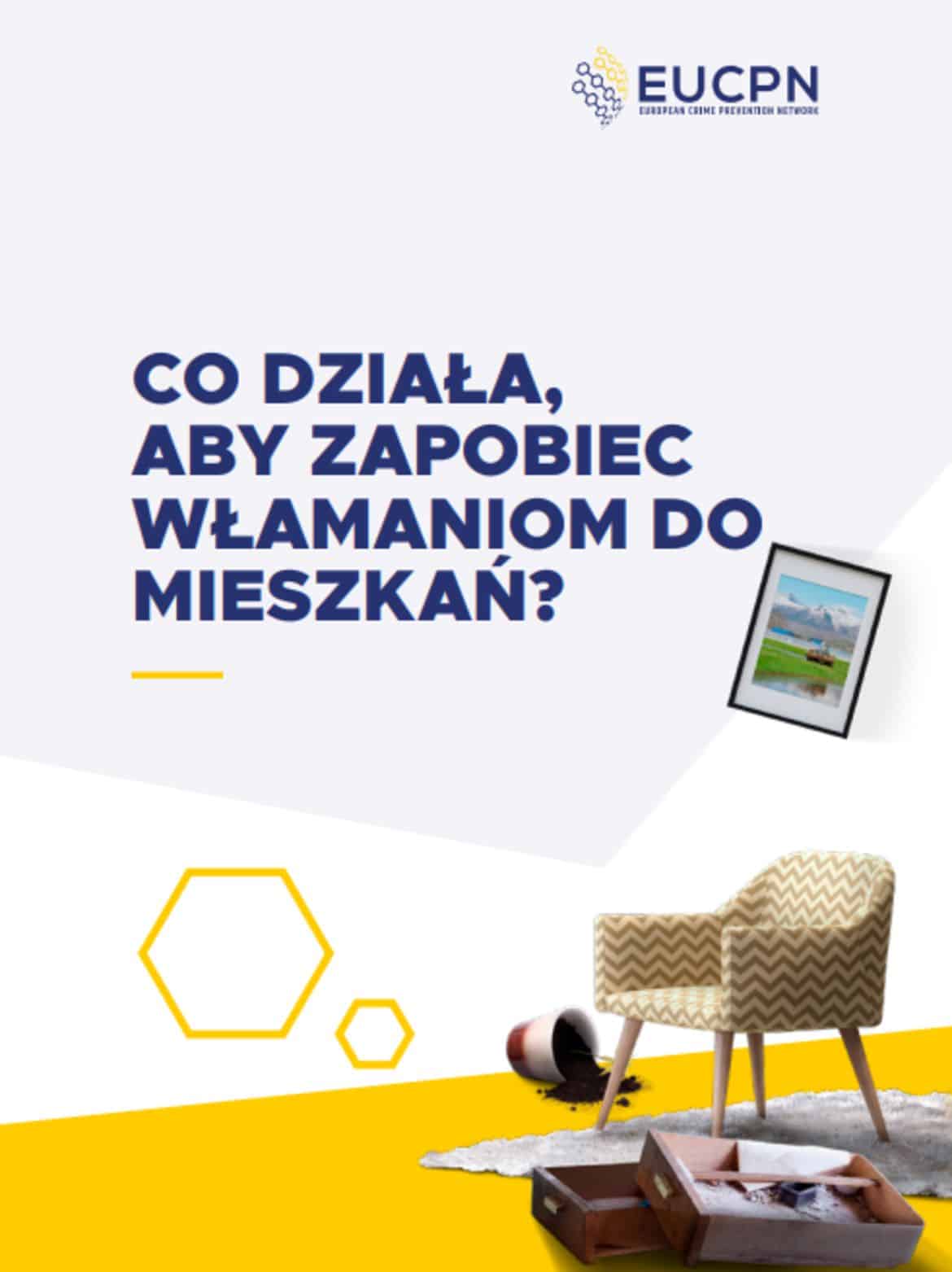 Grafika z pytaniem „Co działa, aby zapobiec włamaniom do mieszkań?” z elementami dekoracyjnymi, w tym krzesłem i rozlanymi kwiatami, symbolizującymi zagrożenie dla bezpieczeństwa domowego.