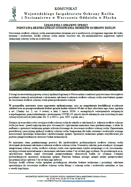 Zdjęcie przedstawia traktor opryskujący pole, ilustrujący stosowanie środków ochrony roślin w kontekście komunikatu Wojewódzkiego Inspektoratu Ochrony Roślin i Nasiennictwa w Płocku.