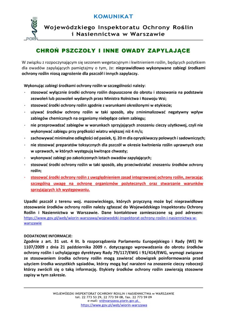 Dokument informujący o zasadach ochrony pszczół i innych owadów zapylających podczas stosowania środków ochrony roślin.